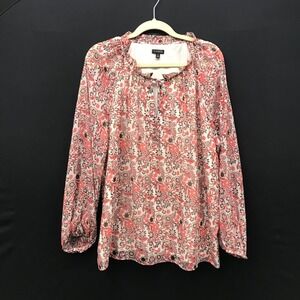 Talbots Top Ruffled Collar Floral Long Sleeve Semi Sheer Pink Blouse Size XL